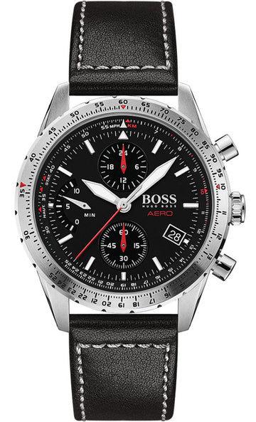 Hugo Boss Aero Chronograph Black Dial Black Leather Strap Watch for Men - 1513770