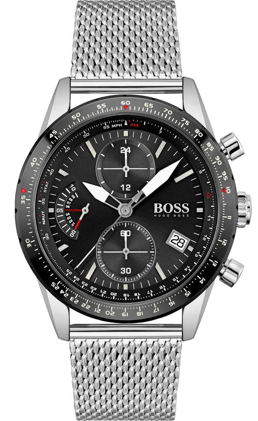 Hugo Boss Pilot Edition Black Dial Silver Mesh Bracelet Watch for Men - 1513886