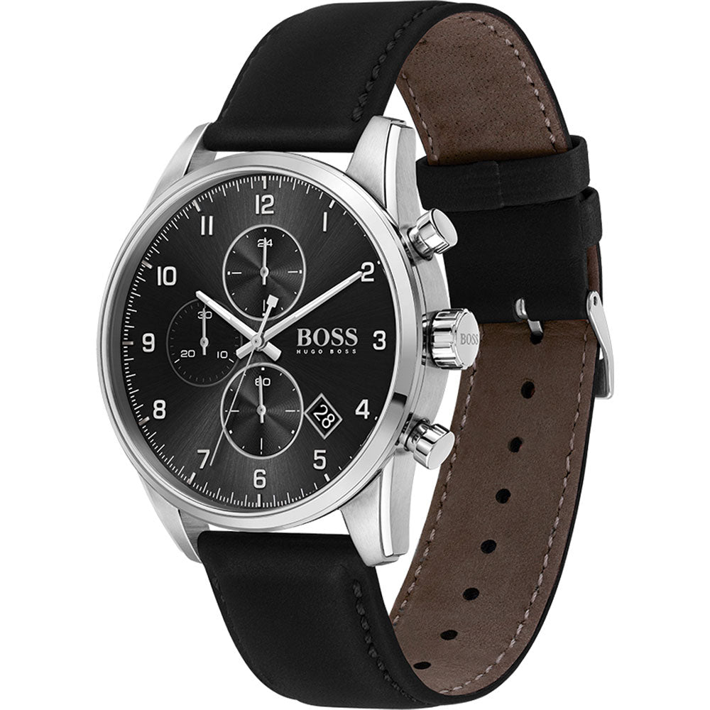 Hugo Boss Skymaster Chronograph Black Dial Black Leather Strap Watch for Men - 1513782