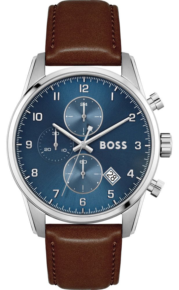 Hugo Boss Skymaster Blue Dial Brown Leather Strap Watch for Men - 1513940