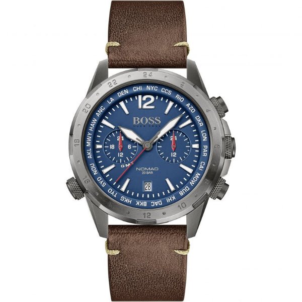 Hugo Boss Nomad Chronograph Blue Dial Brown Leather Strap Watch for Men - 1513773