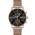 Hugo Boss Associate Black Dial Rose Gold Mesh Bracelet Watch for Men - 1513806