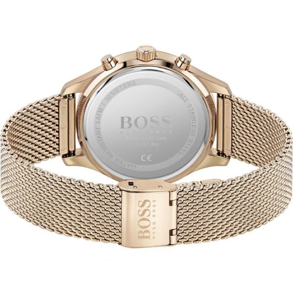 Hugo Boss Associate Black Dial Rose Gold Mesh Bracelet Watch for Men - 1513806