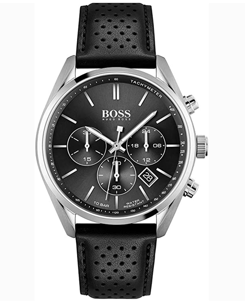 Hugo Boss Champion Chronograph Black Dial Black Leather Strap Watch for Men - 1513816