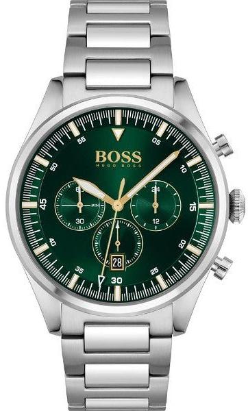 Hugo Boss Pioneer Chronograph Green Dial Silver Steel Strap Watch for Men - 1513868