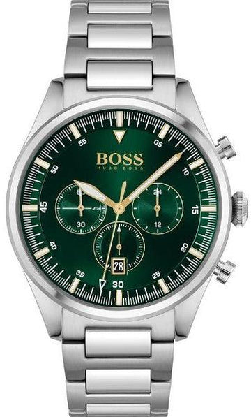 Hugo Boss Pioneer Chronograph Green Dial Silver Steel Strap Watch for Men - 1513868