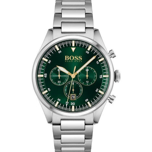 Hugo Boss Pioneer Green Dial Silver Steel Strap Watch for Men - 1513868