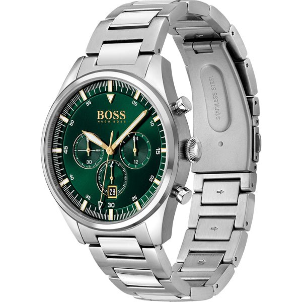 Hugo Boss Pioneer Chronograph Green Dial Silver Steel Strap Watch for Men - 1513868