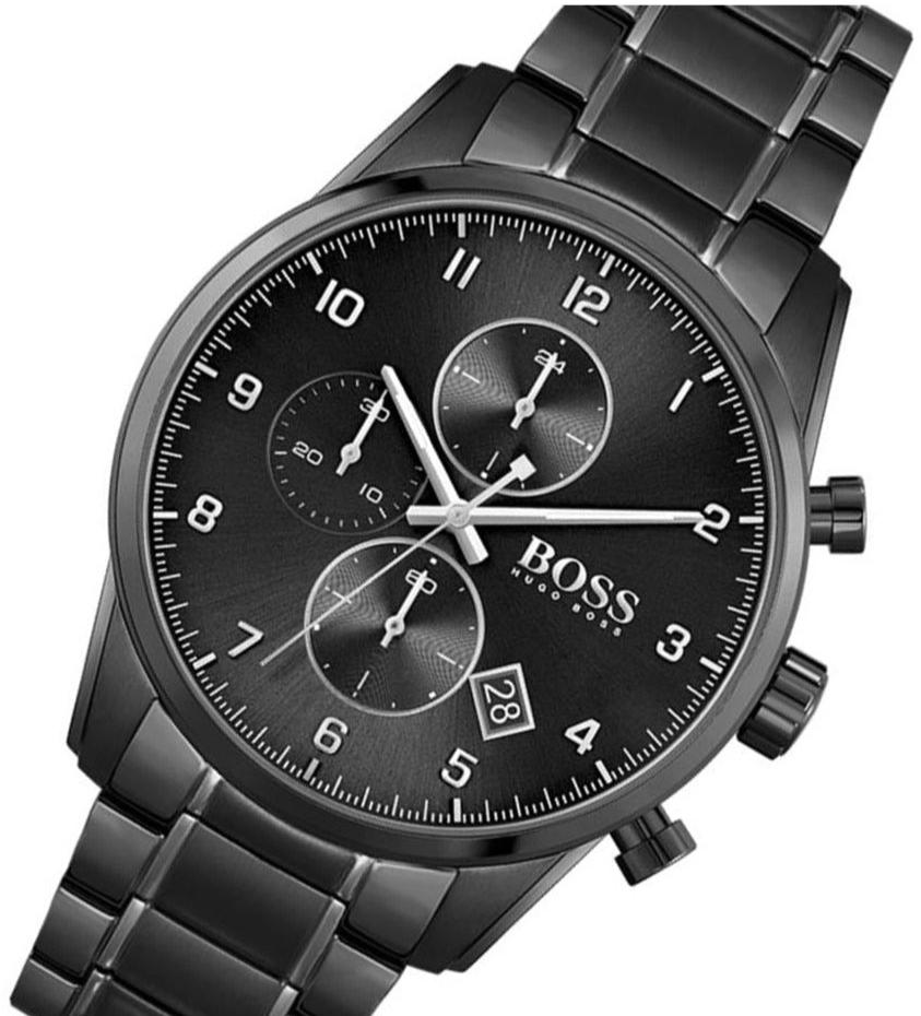 Hugo Boss Skymaster Chronograph Black Dial Black Steel Strap Watch for Men - 1513785