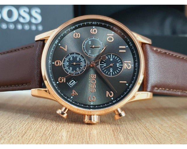 Hugo Boss Navigator Grey Dial Brown Leather Strap Watch for Men - 1513496