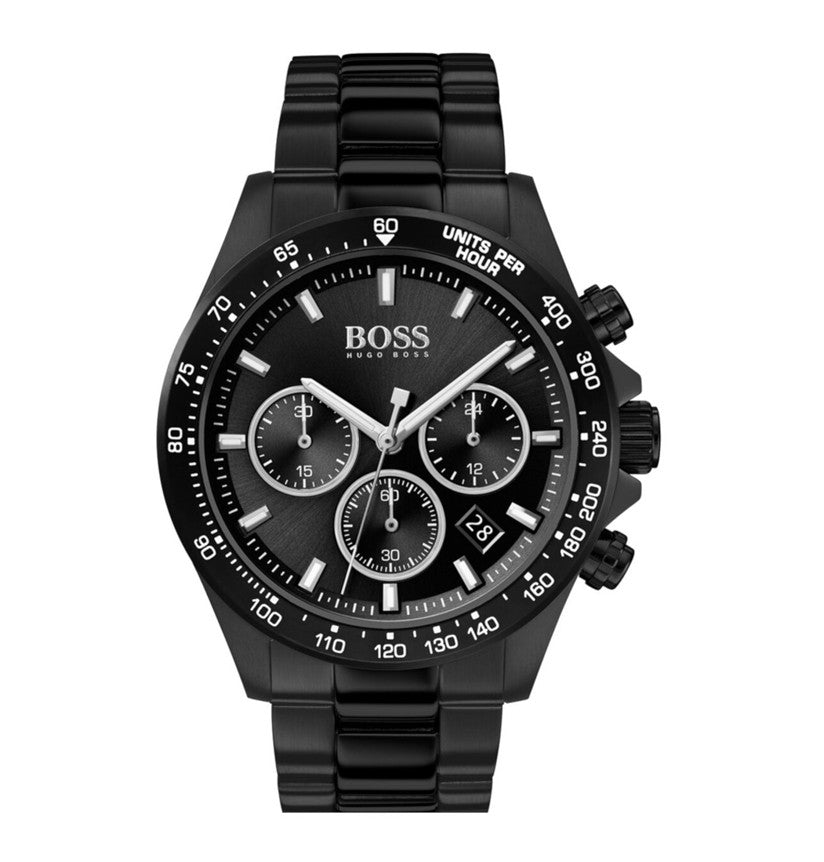 Hugo Boss Hero Chronograph Black Dial Black Steel Strap Watch for Men - 1513754