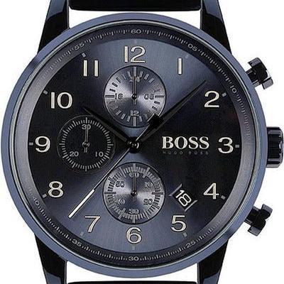 Hugo Boss Navigator Chronograph Black Dial Black Leather Strap Watch for Men - 1513497