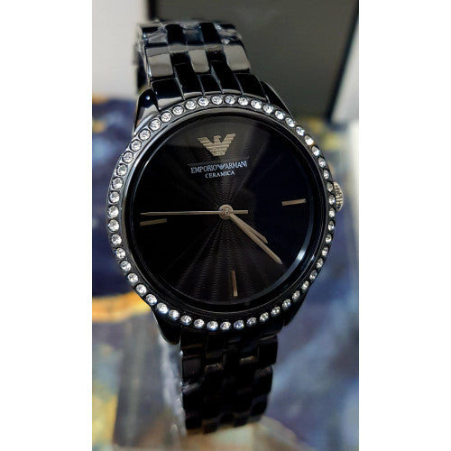 Emporio Armani Ceramica Black Dial with Crystals Black Ceramic Strap Watch For Women - AR1478