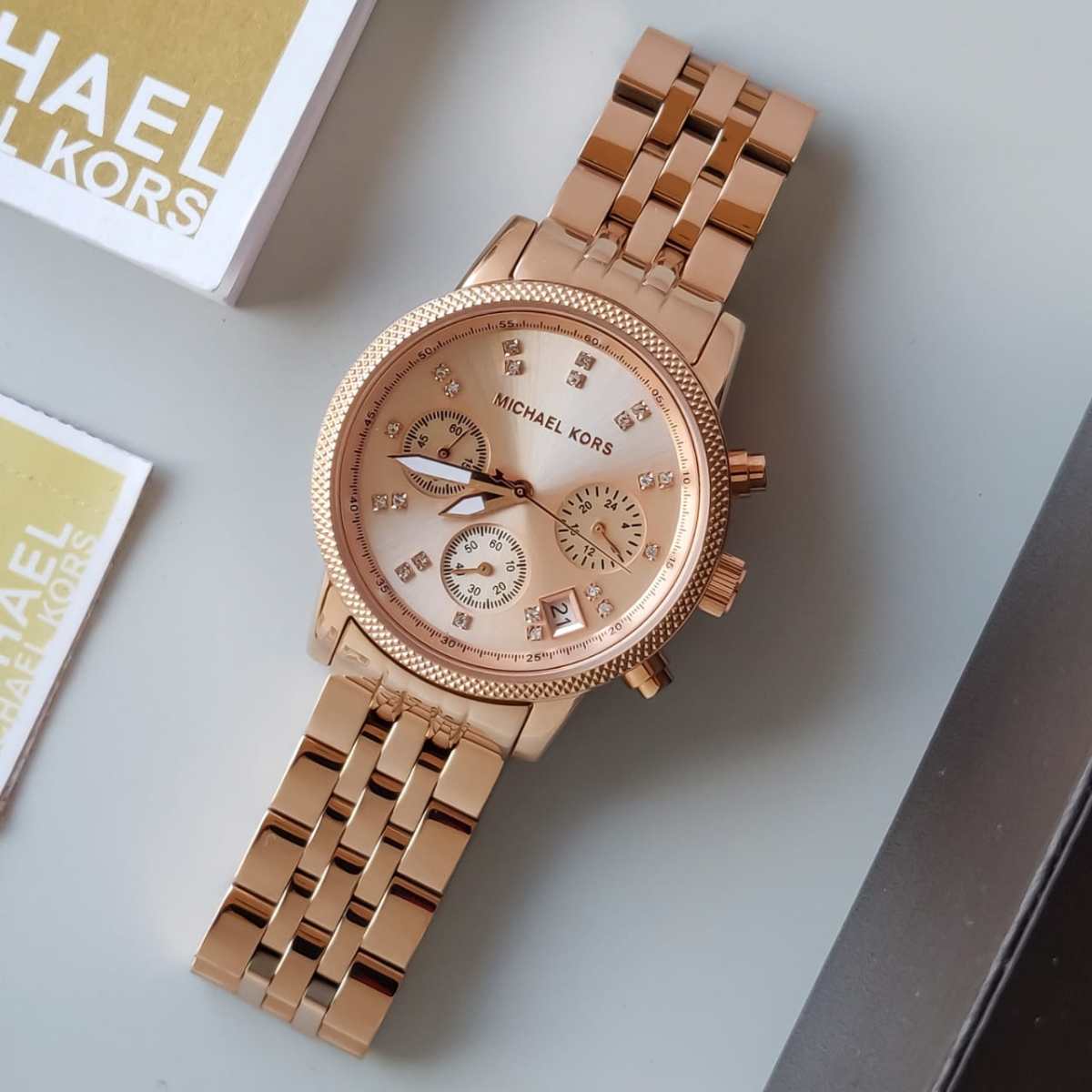 Michael Kors Ritz Chronograph Rose Gold Dial Rose Gold Steel Strap Watch for Women - MK6077