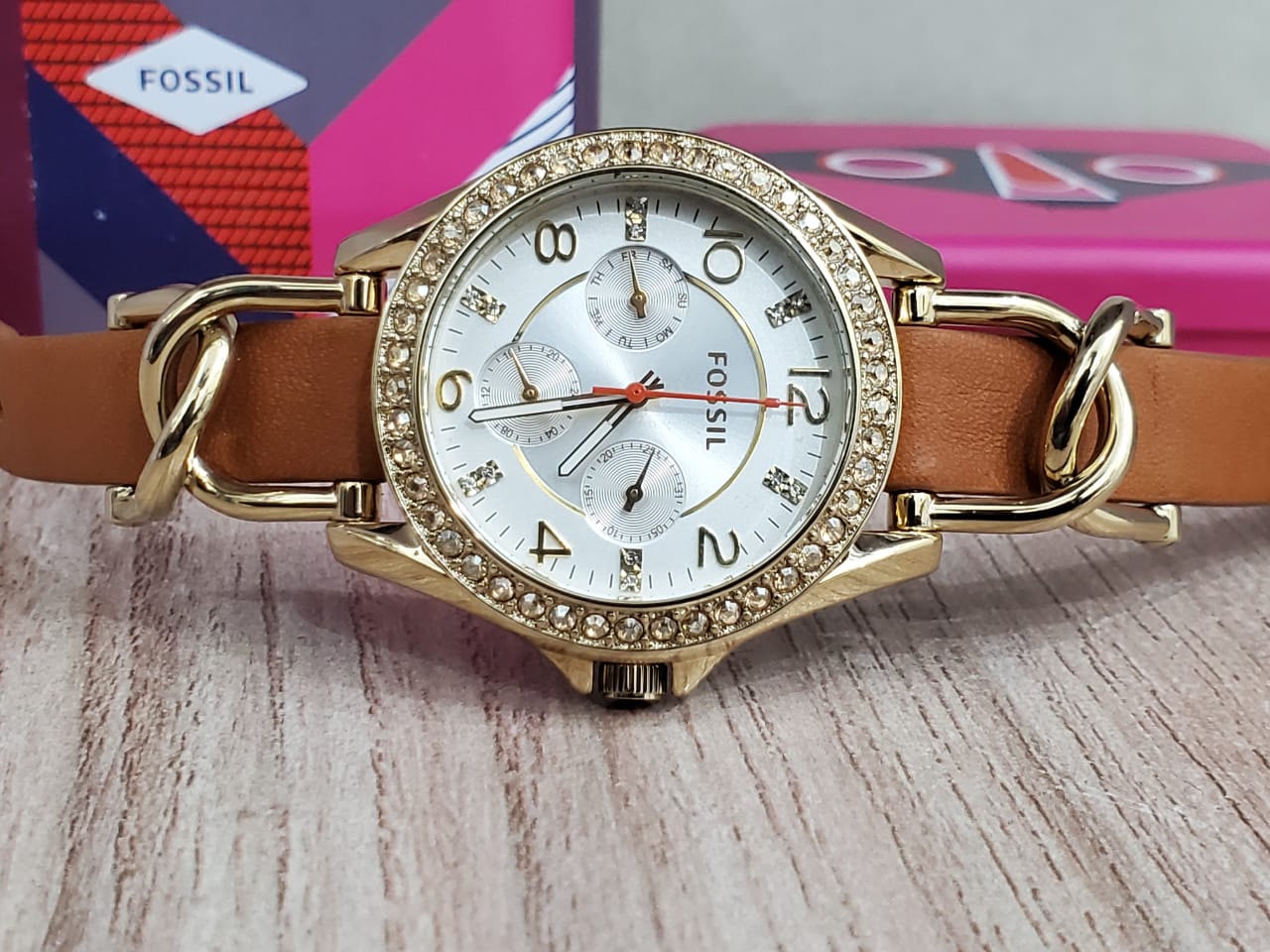 Fossil Riley Multifunction White Dial Orange Leather Strap Watch for Women - ES3723