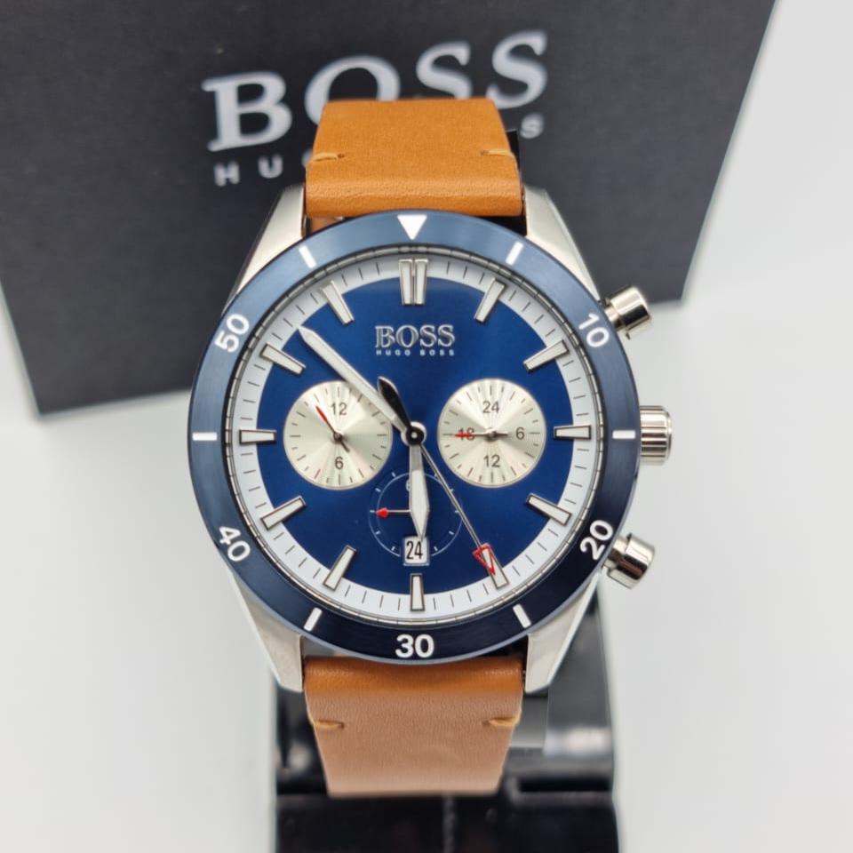 Hugo Boss Santiago Chronograph Blue Dial Brown Leather Strap Watch for Men - 1513860