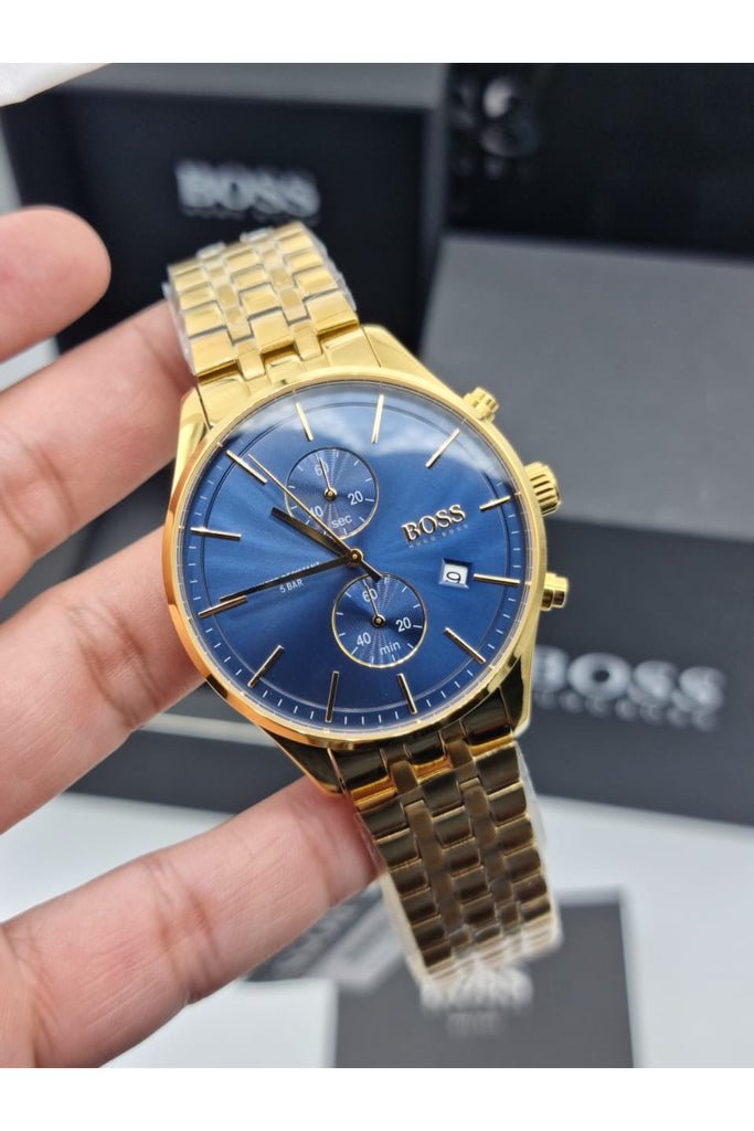 Hugo Boss Associate Blue Dial Gold Steel Strap Watch for Men - 1513841