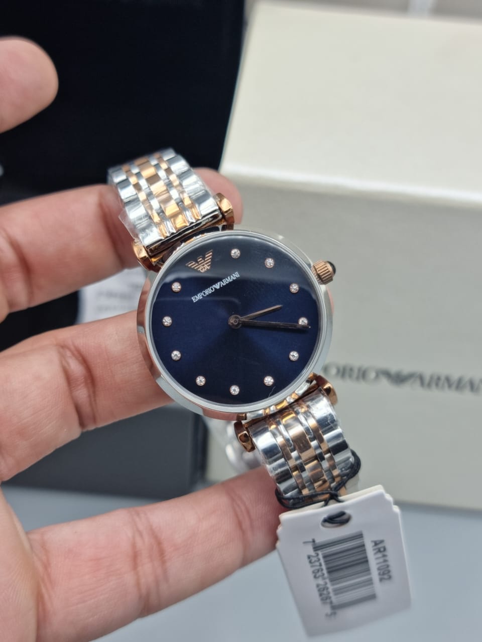 Emporio Armani Gianni T Bar Blue Dial Two Tone Steel Strap Watch For Women - AR11092