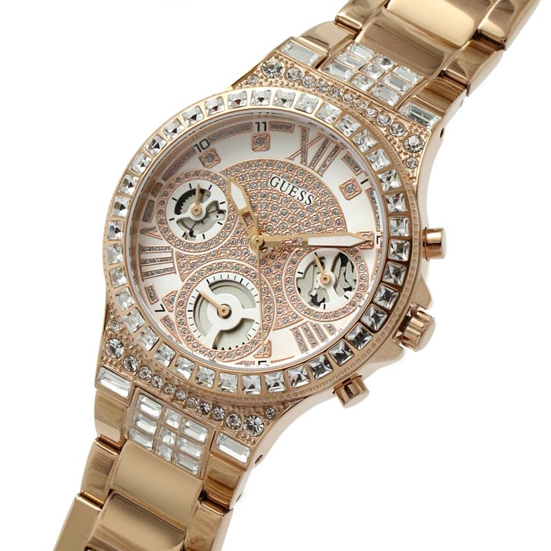 Guess Moonlight Multi Function Diamonds White Dial Rose Gold Steel Strap Watch for Women - GW0320L3