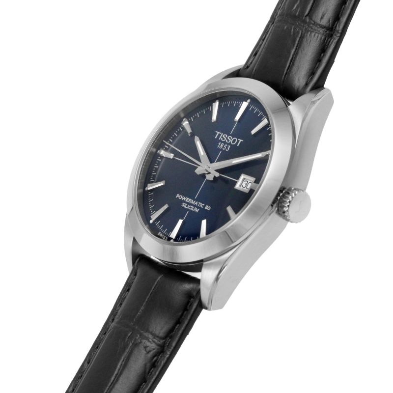 Tissot Gentleman Powermatic 80 Silicium Blue Dial Black Leather Strap Watch For Men - T127.407.16.041.01