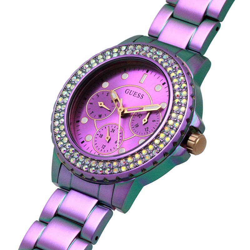 Guess Crown Jewel Diamonds Purple Dial Purple Steel Strap Watch for Women - GW0410L4