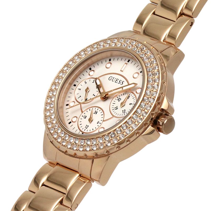 Guess Crown Jewel Multifunction Diamonds White Dial Rose Gold Steel Strap Watch For Women - GW0410L3