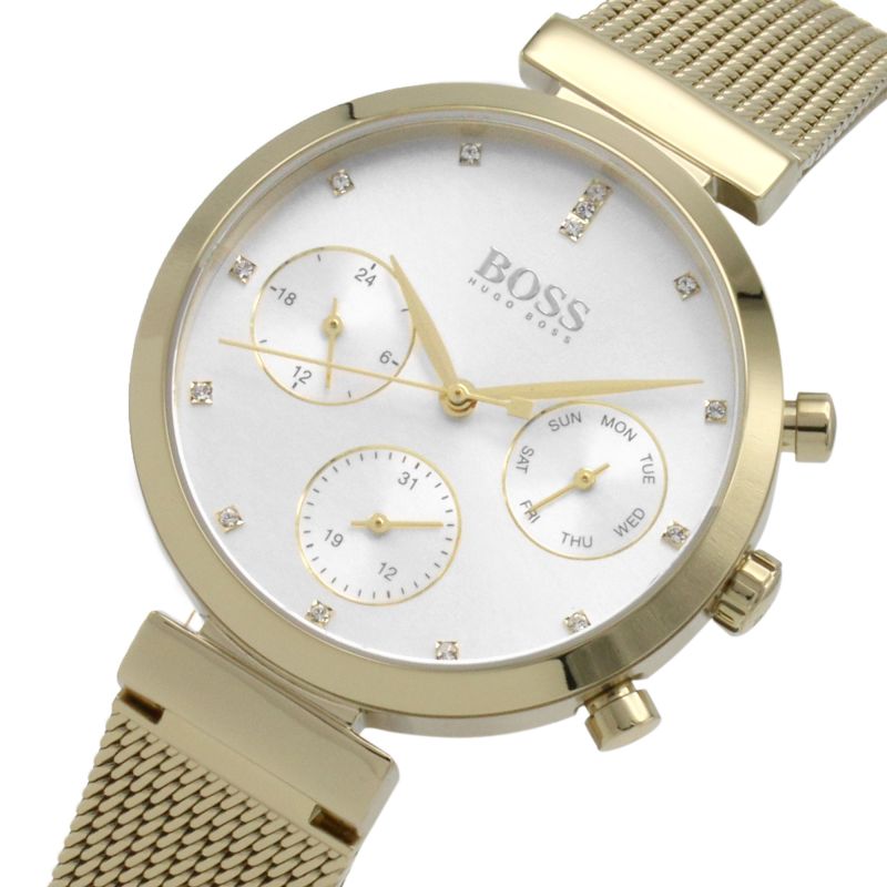 Hugo Boss Flawless Chronograph Silver Dial Gold Mesh Bracelet Watch for Women - 1502552