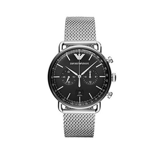 Emporio Armani Chronograph Black Dial Silver Mesh Bracelet Watch For Men - AR11104