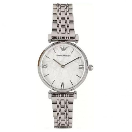 Emporio Armani Gianni T Bar White Marble Dial Stainless Steel Watch For Women - AR11170