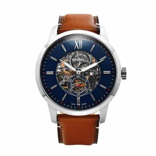 Fossil Townsman Automatic Skeleton Blue Dial Brown Leather Strap Watch for Men - ME3154