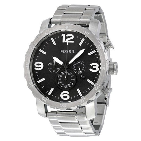 Fossil Nate Chronograph Black Dial Silver Steel Strap Watch for Men - JR1353