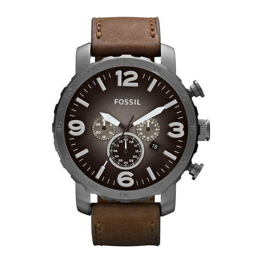 Fossil Nate Chronograph Grey Dial Brown Leather Strap Watch for Men - JR1424