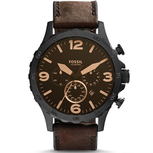 Fossil Nate Chronograph Brown Dial Brown Leather Strap Watch for Men - JR1487