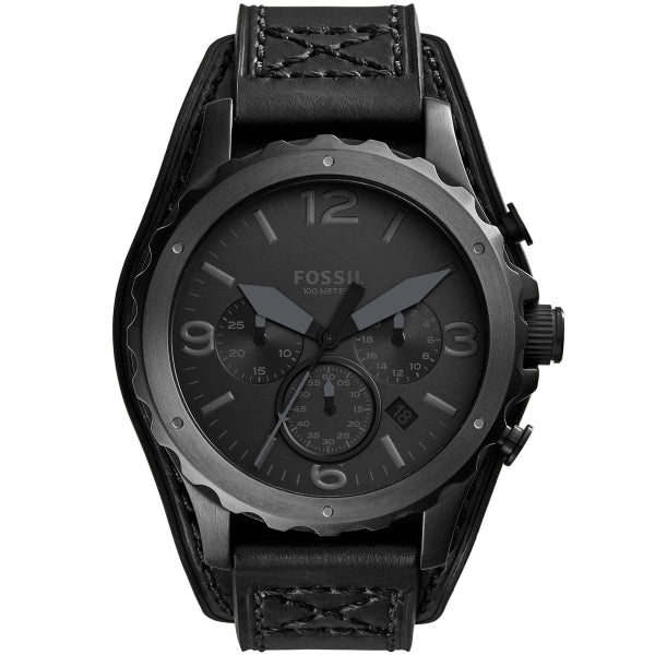 Fossil Nate Chronograph Black Dial Black Leather Strap Watch for Men - JR1510