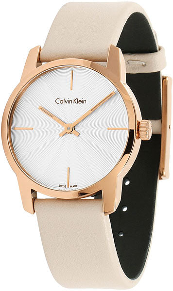 Calvin Klein City Silver Dial White Leather Strap Watch for Women - K2G236X6