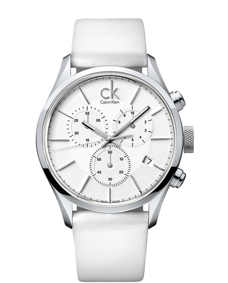 Calvin Klein Masculine Chronograph White Dial White Leather Strap Watch for Men - K2H27101