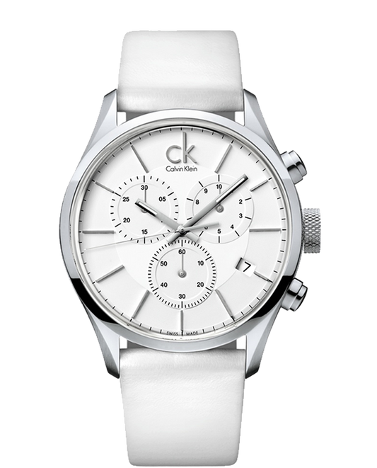 Calvin Klein Masculine Chronograph White Dial White Leather Strap Watch for Men - K2H27101