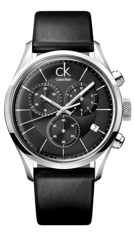 Calvin Klein Masculine Chronograph Black Dial Black Leather Strap Watch for Men - K2H27102