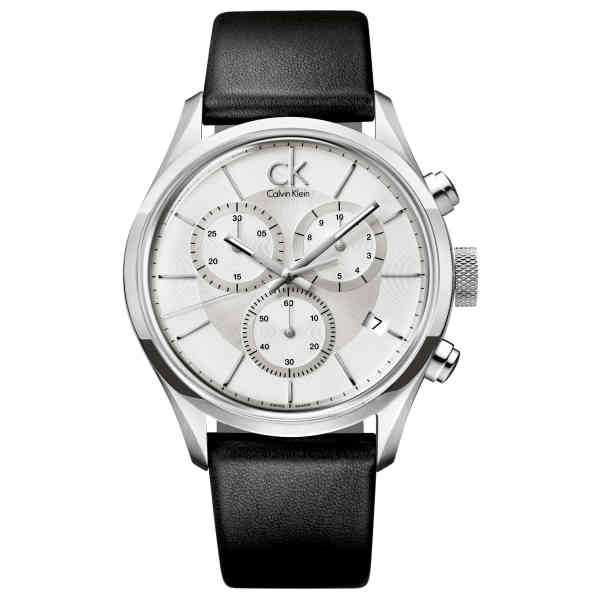 Calvin Klein Masculine Chronograph White Dial Black Leather Strap Watch for Men - K2H27120