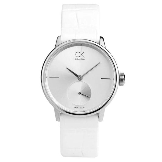 Calvin Klein Accent Silver Dial White Leather Strap Watch for Women - K2Y231K6