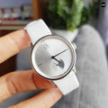 Calvin Klein Accent Silver Dial White Leather Strap Watch for Women - K2Y231K6