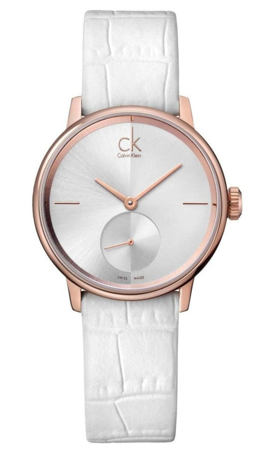 Calvin Klein Accent Silver Dial White Leather Strap Watch for Women - K2Y236K6