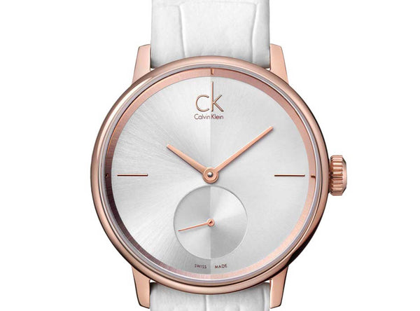 Calvin Klein Accent Silver Dial White Leather Strap Watch for Women - K2Y236K6