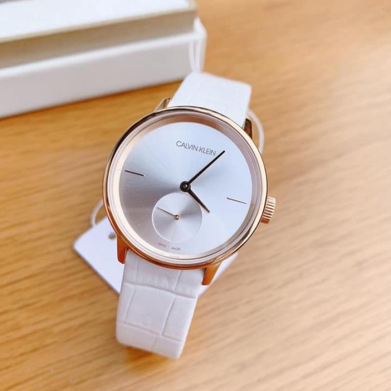 Calvin Klein Accent Silver Dial White Leather Strap Watch for Women - K2Y236K6