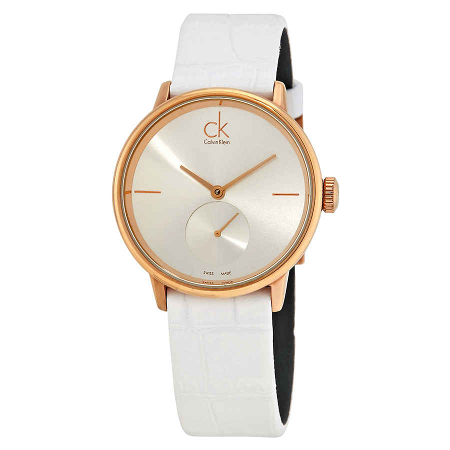 Calvin Klein Accent Silver Dial White Leather Strap Watch for Women - K2Y216K6