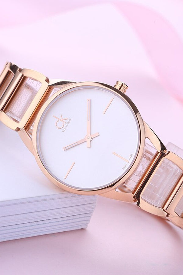 Calvin Klein Stately White Dial Rose Gold Steel Strap Watch for Women - K3G23626