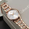 Calvin Klein Stately White Dial Rose Gold Steel Strap Watch for Women - K3G23626