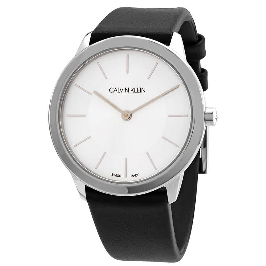 Calvin Klein Minimalist Silver Dial Black Leather Strap Watch for Men - K3M211C6