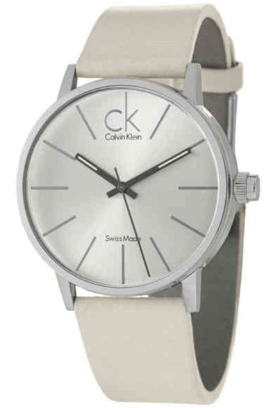 Calvin Klein Post Minimal Silver Dial White Leather Strap Watch for Men - K7621126
