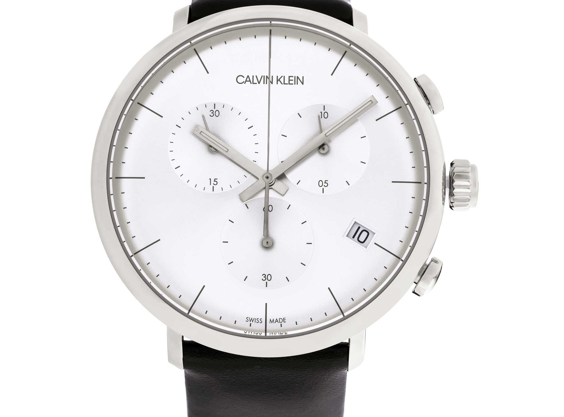 Calvin Klein High Noon Chronograph White Dial Black Leather Strap Watch for Men - K8M271C6